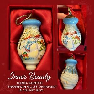 Inner Beauty Hand-Painted Snowman Glass Ornament in Velvet Box Collectible